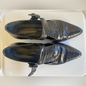 Freda Salvador KHALO Black Embossed Croc Buckle T Strap Loafer